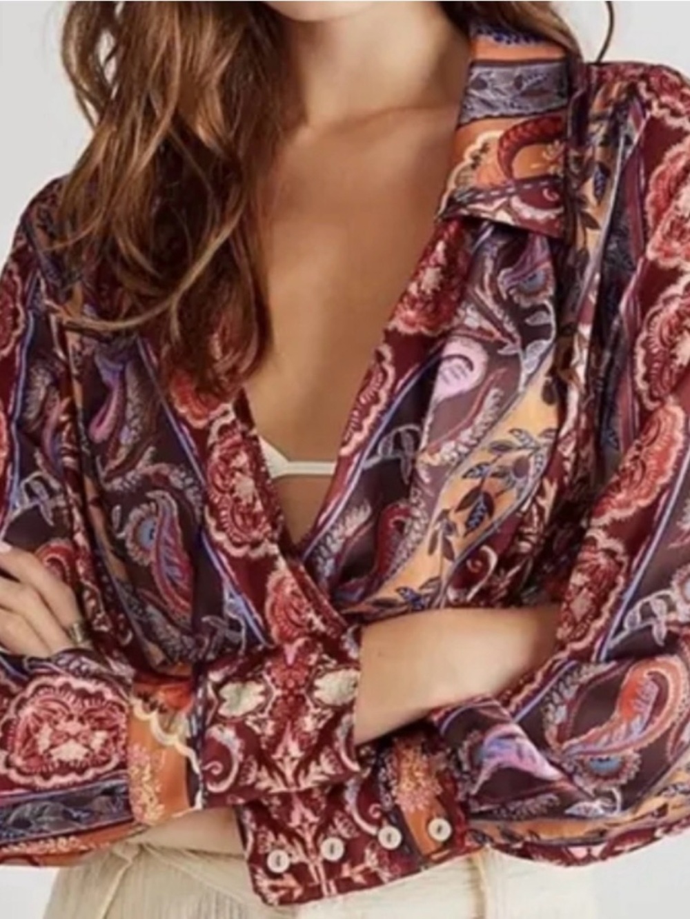 Free People Burgundy Paisley Satin Button-Up Blouse